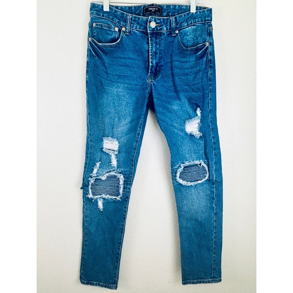 Forever 21 Men's Moto Distressed Skinny Jeans Size 30 x 30 Vintage blue
